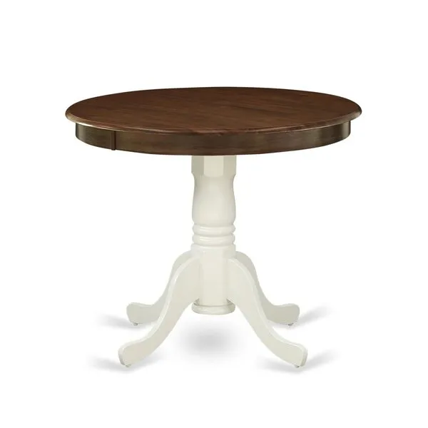 East West Furniture Antique Kitchen Dining Round Wooden Table Top with Pedestal Base, 36x36 Inch, Walnut & Linen White