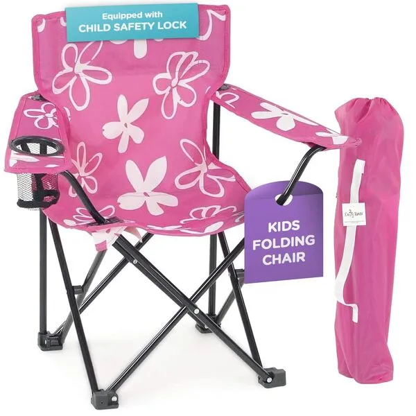 Emily Rose Kids Folding Chair | USA Company | Pink Kid Beach Chair with Safety Lock- Camping Chair for Girls Toddler with Cup Holder & Carry Case- Tailgate, Travel, Beach, Lawn- for Indoor & Outdoor