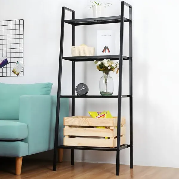 WillingHeart Ladder Shelf 4-Tier Bookshelf Plant Flower Stand Storage Rack Industrial Organizer Modern Shelves Shelving Bookcase Iron Stable Metal Frame Furniture Home for Living Room Kitchen Office