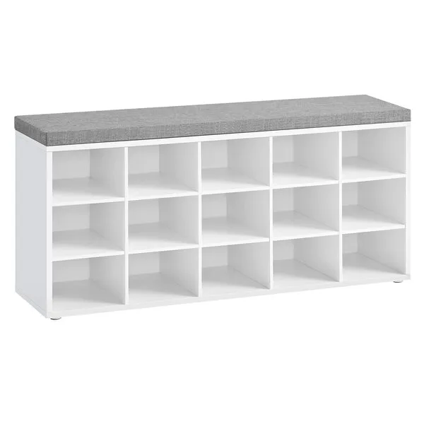 VASAGLE Shoe Bench with Cushion, Storage Bench with Padded Seat, Entryway Bench with 15 Compartments, for Bedroom, 11.8 x 41.3 x 18.9 Inches, Cloud White and Dove Gray ULHS15WT