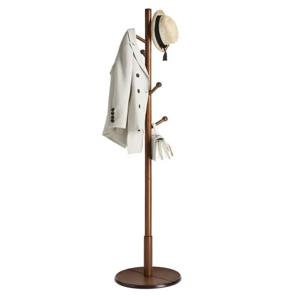 VASAGLE Solid Wood Coat Rack, Wood Hall Tree, Coat Rack Stand with 7 Rounded Hooks, Stable Round Base, 3 Height Options, for Living Room, Bedroom, Home Office, Dark Walnut URCR07WN