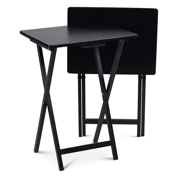 PJ Wood Fully Assembled Small Lightweight Adjustable and Portable TV Tray Table with Collapsible Storage Rack, Black (2 Pack)