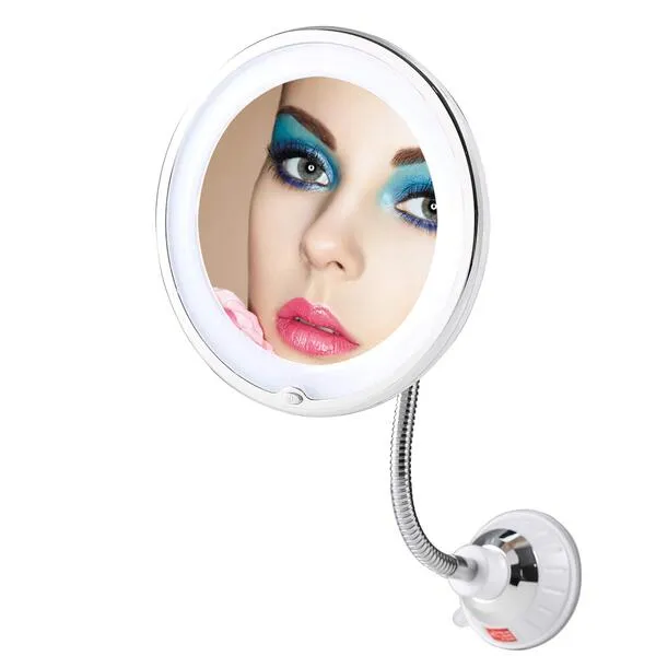 TOP4EVER Flexible 10X Magnifying Suction Mirror, Dimmable LED Lighted Vanity Mirror,Power Locking Suction Cup with day Light and 360 Degree Swivel, Portable Vanity Mirror for Home Bathroom