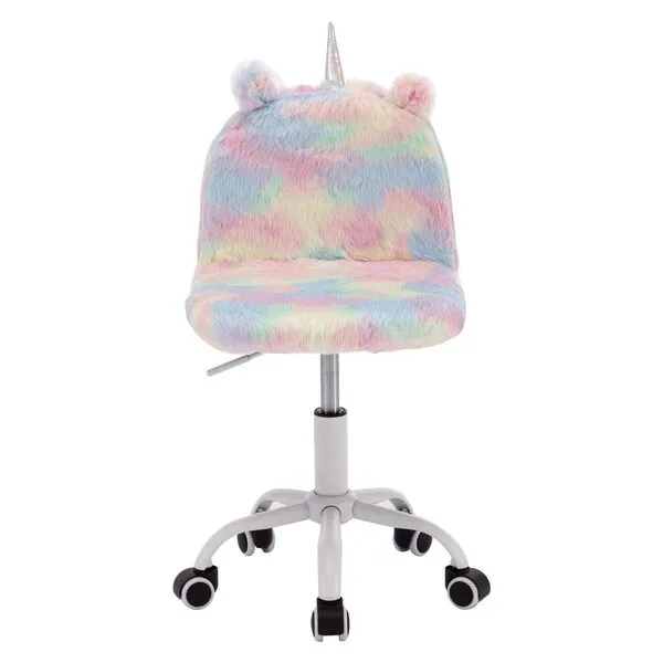 DM Furniture Cute Fuzzy Kids Chair Funny Rolling Study Desk Chair Colorful Girls Vanity Swivel Chair with White Foot