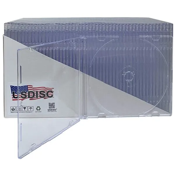 USDISC CD Jewel Cases Slimline 5.2mm, Single 1 Disc, Clear, Pack of 10