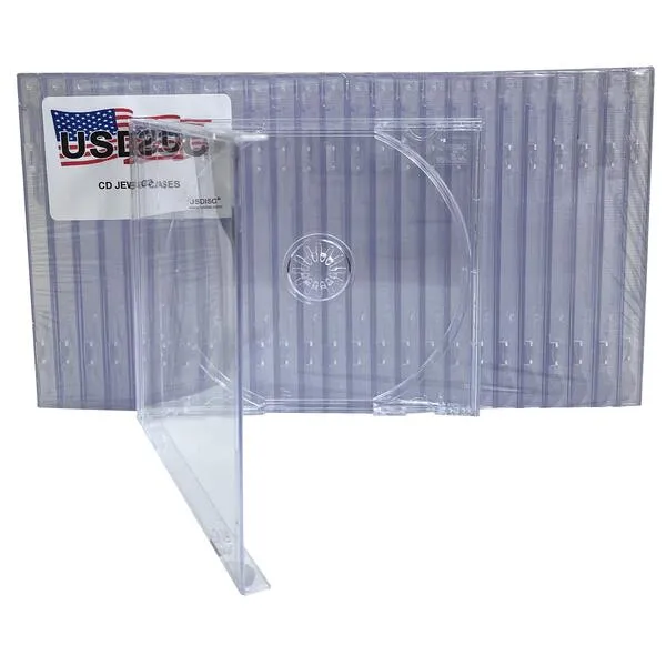 USDISC CD Jewel Cases Standard 10.4mm, Single 1 Disc, Clear, Pack of 25