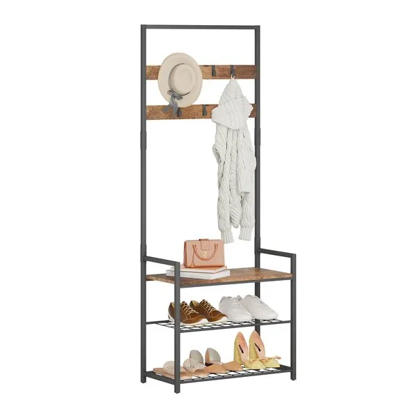 HOMEKOKO Coat Rack Shoe Bench, Hall Tree Entryway Storage Bench, Wood Look Accent Furniture with Metal Frame, 3-in-1 Design (Rustic Brown)