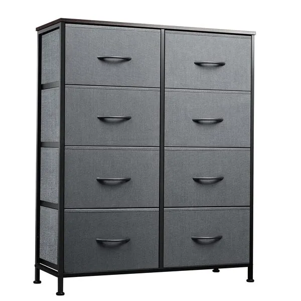 WLIVE Fabric Dresser for Bedroom, Tall Dresser with 8 Drawers, Storage Tower with Fabric Bins, Double Dresser, Chest of Drawers for Closet, Living Room, Hallway, Dark Gray