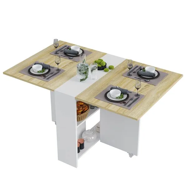 Tiptiper Folding Dining Table, Versatile Dinner Table with 6 Wheels and 2 Storage Racks, Space Saving Dining Room Table, Folding Kitchen Table, Pear Wood Color and White