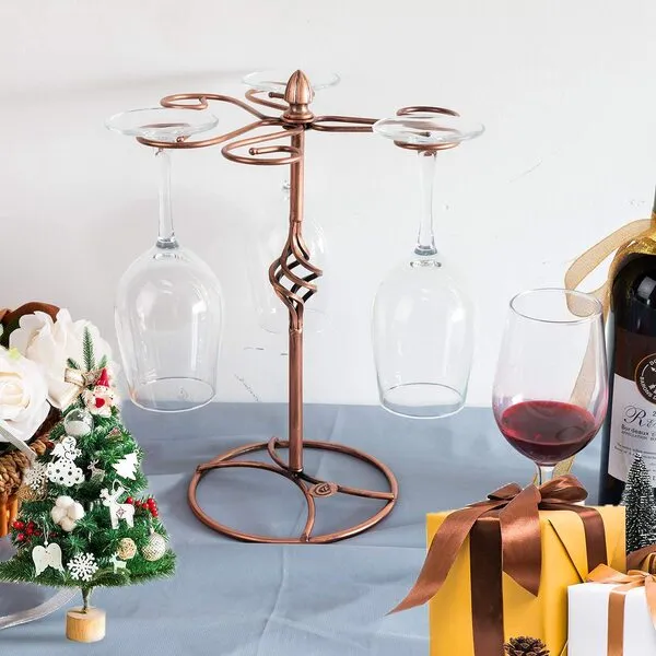 QPIX DIGITAL Wine Glass Rack, Bronze, Elegant Countertop Stemware Storage with 6 Hooks, Easy Assembly, Durable, 11
