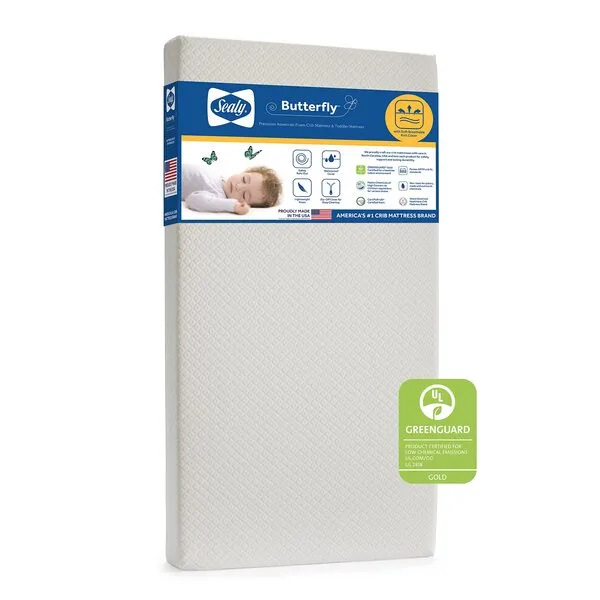 Sealy Butterfly Breathable Premium Foam Baby Crib Mattress & Toddler Bed Mattress, Washable Cover, Waterproof Crib Mattress, American Foam GREENGUARD GOLD Certified for Safety, Made in USA, 52