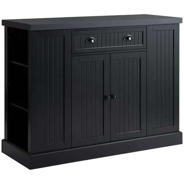 HOMCOM Cottage Kitchen Island with Storage, Buffet Cabinet with Drawer, 2-Door Cupboard, 4 Adjustable Side Open Shelves for Dining Room, Black