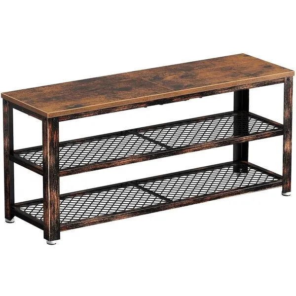 Rolanstar Shoe Bench, 3-Tier Shoe Rack, 39.4” Storage Entry Bench with Mesh Shelves Wood Seat, Rustic Foyer Bench for Hallway Front Door, Doorway, Living Room, Mudroom, Steel Frame, Rustic Brown