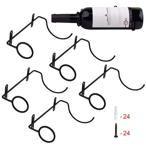 Mocoum 6 Pack Wall Mounted Wine Racks - Red Wine Bottle Display Holder with Screws, Metal Hanging Wine Rack Organizer for Beverages/Liquor Bottles Storage (6 pack, towards The Left)