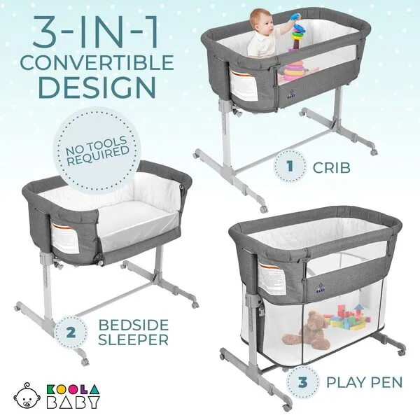 3 in 1 Baby Bassinet, Bedside Sleeper, & Playpen, Easy Folding Portable Crib (Grey)- KoolaBaby (Bassinet)