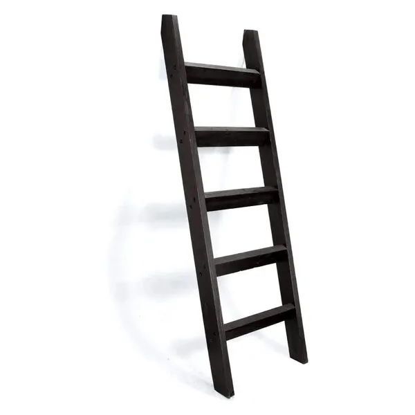 Hallops Rustic Farmhouse Blanket Ladder, 5 ft, Wooden, Wall Mount, 1 Shelf, Black