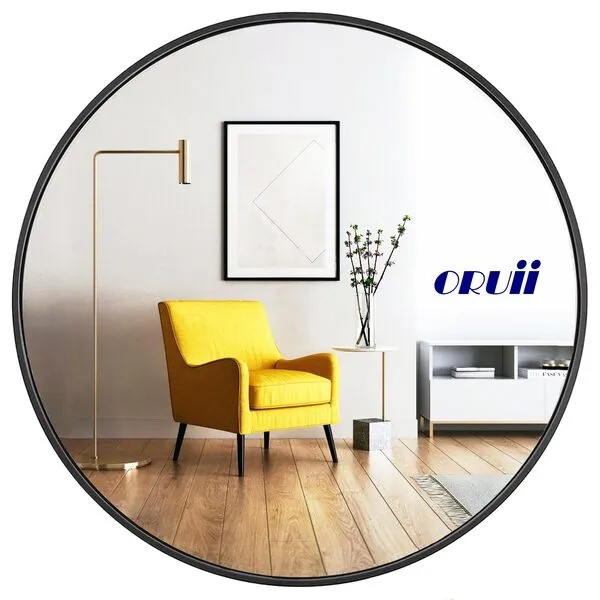 Oruii Round Mirror, Black Round Mirror 24 inch, Round Wall Mirror Metal Frame, Round Bathroom Mirror, Circle Mirrors for Wall, Living Room, Bedroom, Vanity, Entryway, Hallway.