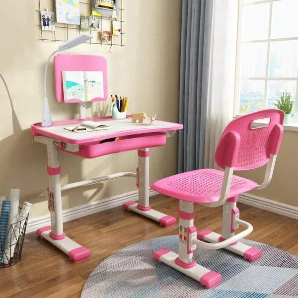 LVYUAN Kids Desk and Chair Set, Height Adjustable Kids Study Desk for Bedroom, Desk for Kids with Tiltable Desktop, 3 Modes Light, Go Back School Desk, Pink