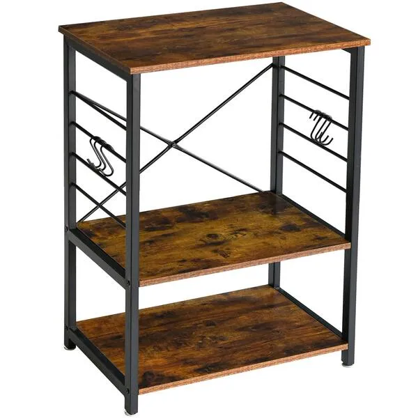 YMYNY Standing Baker\'s Racks, 3-Tier Kitchen Microwave Oven Stand with Metal Frame and 6 Hooks, Multifunctional Coffee Bar Table for Living Room, Panel Height Adjustable, Rustic Brown, UHTMJ022H