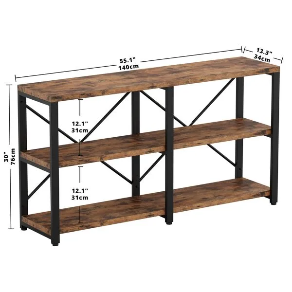 IRONCK Rustic Entryway Console Table, Long Hallway Table 55 in 3-Tier, TV Stand Entertainment Center Media Stand for Living Room, Industrial Style, Vintage Brown