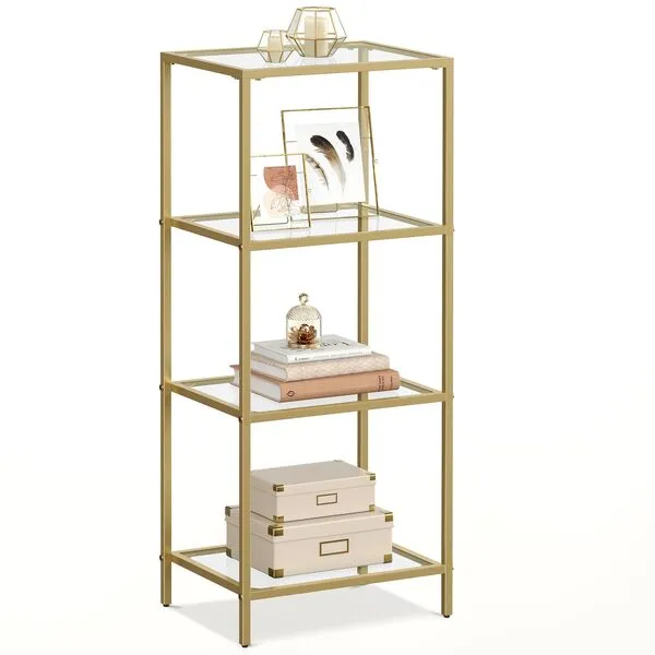 VASAGLE Bookcase, 4-Tier Bookshelf, Slim Shelving Unit for Bedroom, Bathroom, Home Office, Tempered Glass, Steel Frame, Metallic Gold ULGT28G