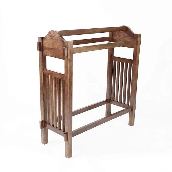 Benjara Wooden Mission Style Quilt Rack with 3 Hanging Bars on Scrolled Top, Brown