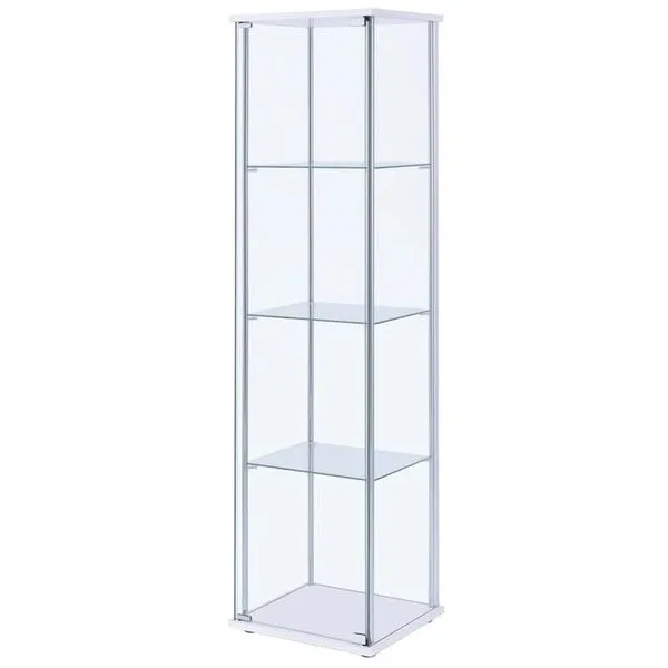 BOWERY HILL 4 Shelf Glass Display Case Cabinet with Chrome Support Beams and White Top/Base