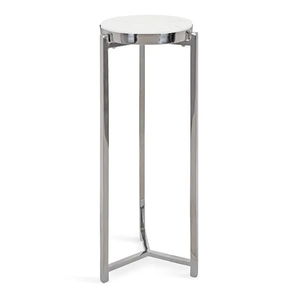 Kate and Laurel Aguilar Glam Round Drink Table, 8 x 8 x 23, Silver and White, Small Accent Table for Use as Plant Pedestal Stand with Marble Tabletop