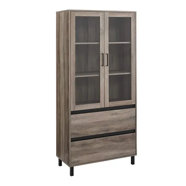 Walker Edison Furniture Company Glass Door Storage Hutch, 68 Inch, Grey Wash
