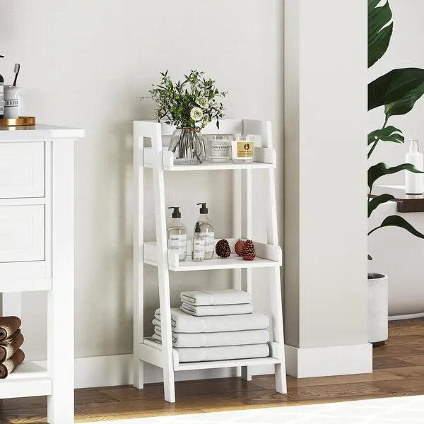 UTEX 3-Tier Ladder Shelf, Bathroom Shelf Freestanding, 3-Shelf Spacesaver Open Wood Shelving Unit, Ladder Shelf (White)