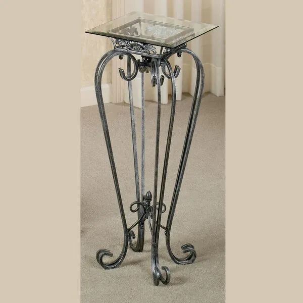 Touch of Class Chalcedony Metal Scroll Pedestal Table - Beveled Glass - Antique Pewter - Made of Iron - Square Shaped Top - Elegant Style - Accent Furniture for Bedroom, Living Room, Desk