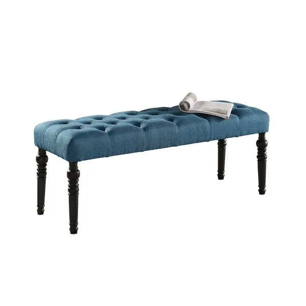 Roundhill Furniture Leviton Fabric Tufted Turned Leg Dining Bench, One Size, Blue