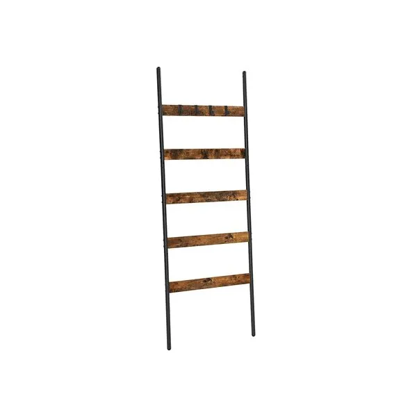 VASAGLE Blanket Ladder, 5-Tier Ladder Shelf, Wall-Leaning Rack, Steel, 25.6 Inch Wide, Scarves, Industrial Style, Rustic Brown and Black ULLS011B01
