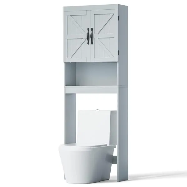 SRIWATANA Over The Toilet Storage Cabinet, Bathroom Organizer with Adjustable Shelf, 2-Door Toilet Storage Rack, Gray