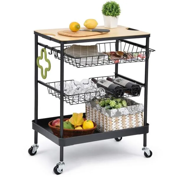 TOOLF Kitchen Island Serving Cart with Utility Wood Tabletop, 4-Tier Rolling Storage Cart with 2 Basket Drawers, Kitchen Cart with Wheels for Home, Dining Room, Bar, Restaurant, Hotel