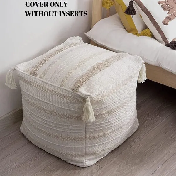 blue page Boho Neutral Decorative Square Unstuffed Pouf - Braided Handwoven Casual Ottoman Pouf Cover with Tassels and Cute Soft Tufted Footrest/Cushion for Bedroom Living Room, 18
