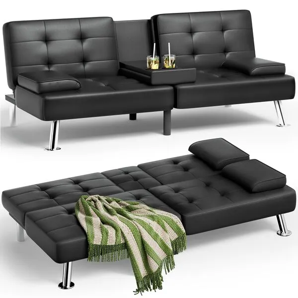 JUMMICO Faux Leather Upholstered Modern Convertible Folding Futon Sofa Bed with Removable Armrests, Adjustable Recliner Couch Bed Loveseat with 2 Cup Holders for Living Room (PU Leather, Black)