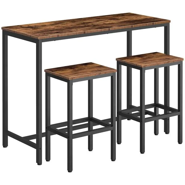 HOOBRO Bar Table and Chairs Set, 47.2” Rectangular Pub Table with 2 Stools for Small Space, High Top Table, 3-Piece Breakfast Table Set, Sturdy Metal Frame, Easy to Assemble, Rustic Brown BF52BT01