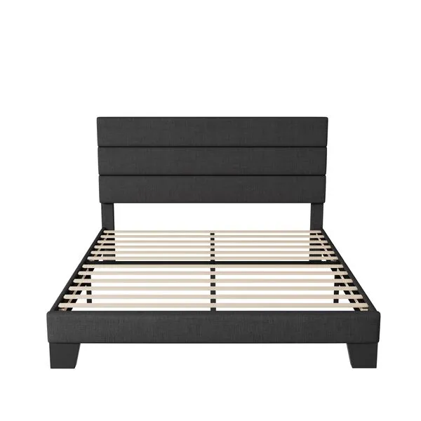 Allewie Queen Size Platform Bed Frame with Fabric Upholstered Headboard and Wooden Slats Support, Fully Upholstered Mattress Foundation/No Box Spring Needed/Easy Assembly, Dark Grey