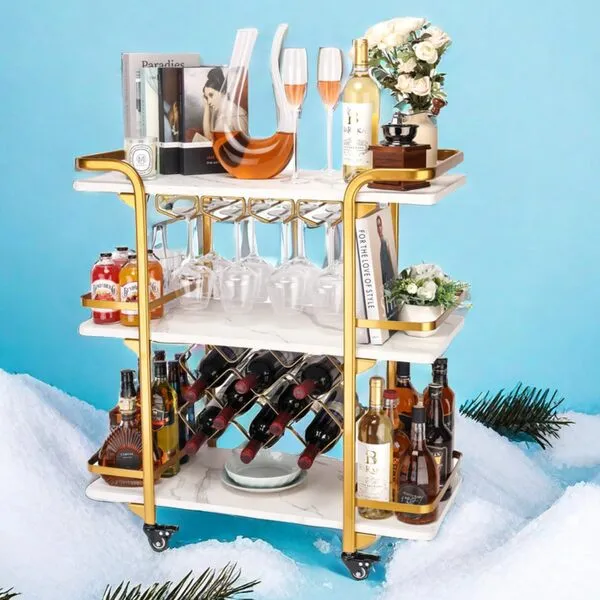 Jubao Gold Bar Cart with 3 Tiers for Stylish Storage, Home Bar Serving Cart with 4 Rows of Glass Holders & 8 Wine Racks, Modern Marbled Solid Wood Cart on Lockable Wheels, Coffee Bar Cart for Kitchen