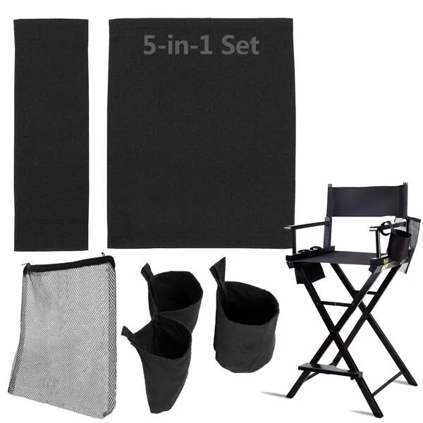 STAY GENT 5 in 1 Accessories Set for Makeup Artist Chair, (not including Chair) Black Chair Replacement Cover Canvas, 2 Portable Side Storage Bags and Hanging Mesh Bag, Black