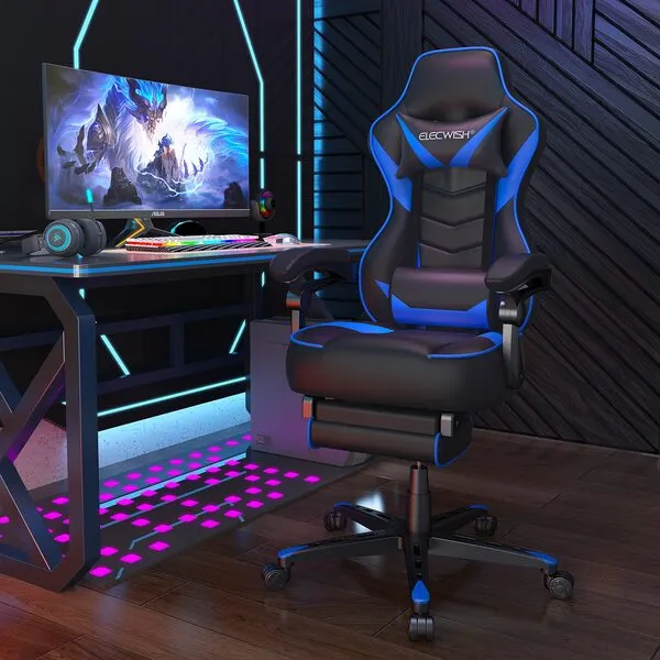 ELECWISH Computer Gaming Chair with Footrest, Reclining Gamer Chair for Adults, Ergonomic High Back Gaming Desk Chair with Lumbar Support, Headrest PU Leather 90-150 Degree Tilt (Blue)
