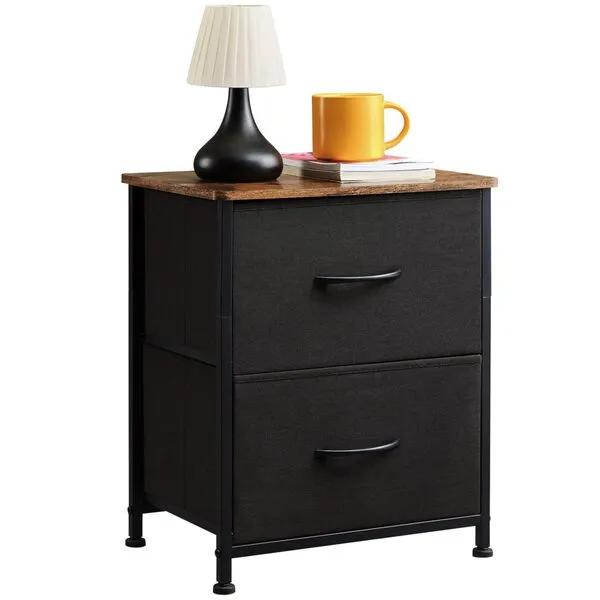 Somdot Nightstand with 2 Drawers, Bedside Table Small Dresser with Removable Fabric Bins for Bedroom Nursery Closet Living Room - Sturdy Steel Frame, Wood Top, Pull Handle - Black