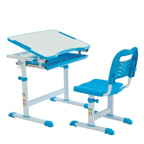 Diroan Kids Multifunctional Desk and Chair Set, Height Adjustable Children School Study Desk with Large Tilt Desktop, Metal Hook and Storage Drawer for Boys Girls, Blue