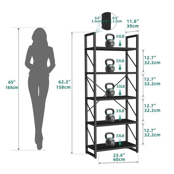 YITAHOME 5 Tiers Bookshelf, Artsy Modern Bookcase, Book Rack, Storage Rack Shelves Books Holder Organizer for Books/Movies in Living Room/Home/Office - Black (FTOFBC-0015)
