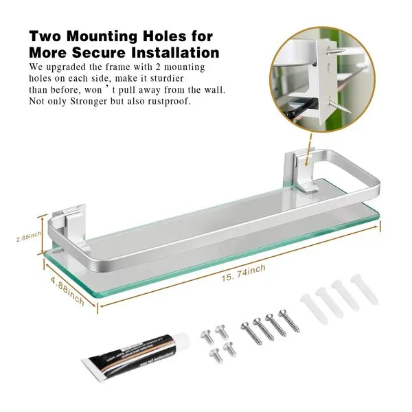 VOLPONE Glass Bathroom Shelf 15.7in Bathroom Shelf Wall Mounted Floating Glass Shelves with Towel Holder Glass Shelf for Bathroom 2 Tier (Sliver)