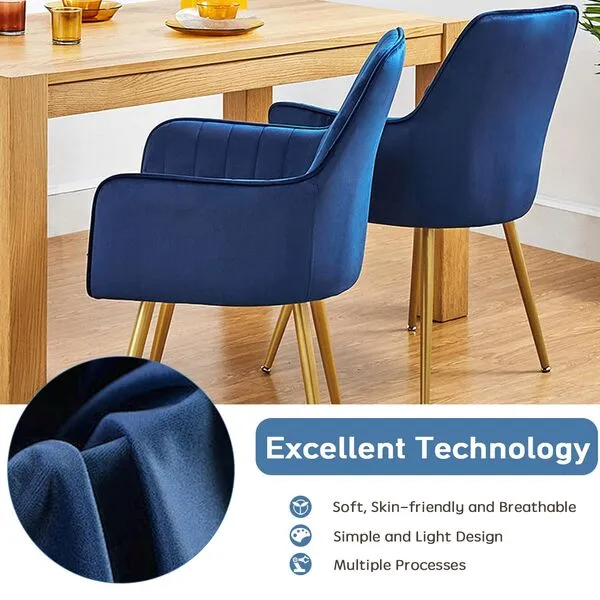 CangLong Furniture Modern Living Dining Room Accent Arm Chairs Club Guest with Gold Metal Legs, Set of 2, Navy Blue
