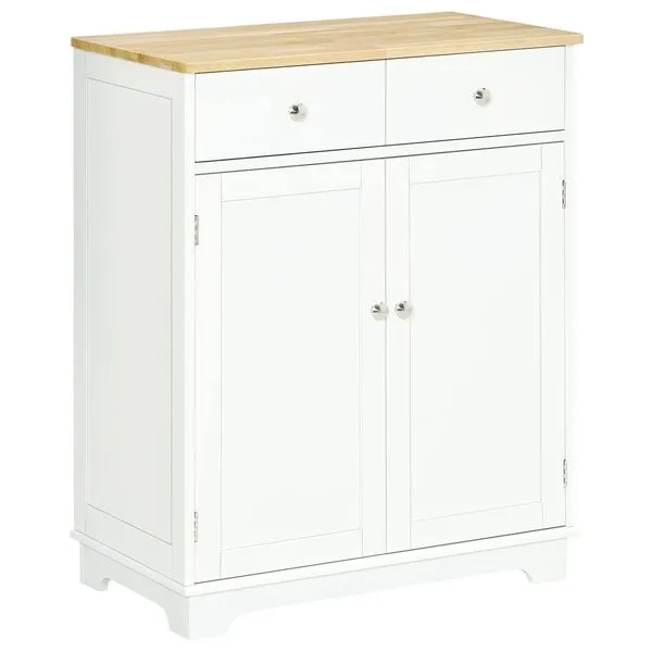 HOMCOM Sideboard with Solid Wood Countertop, Modern Kitchen Storage Cabinet, Coffee Bar Cabinet with 2 Drawers, Doors and Adjustable Shelf, White