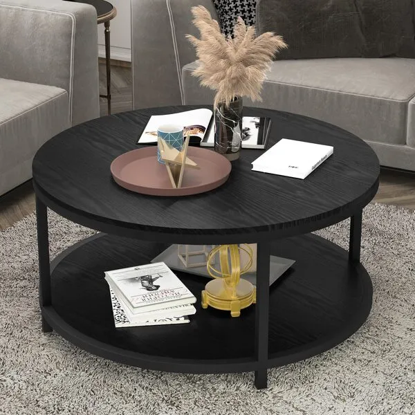 NSdirect 36 inches Round Coffee Table, Rustic Wooden Surface Top & Sturdy Metal Legs Industrial Sofa Table for Living Room Modern Design Home Furniture with Storage Open Shelf (Black)
