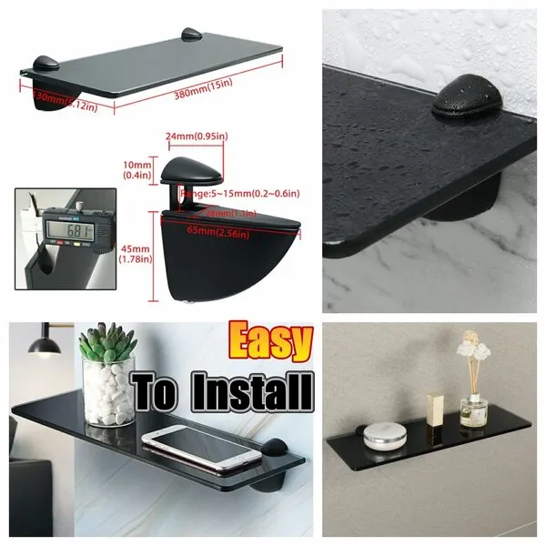 Alise Glass Shelves 15 Inch Glass Bathroom Shelves Tempered Glass Shelf Wall Mount Glass Shelves for Bathroom Matte Black Glass Bathroom Shelf